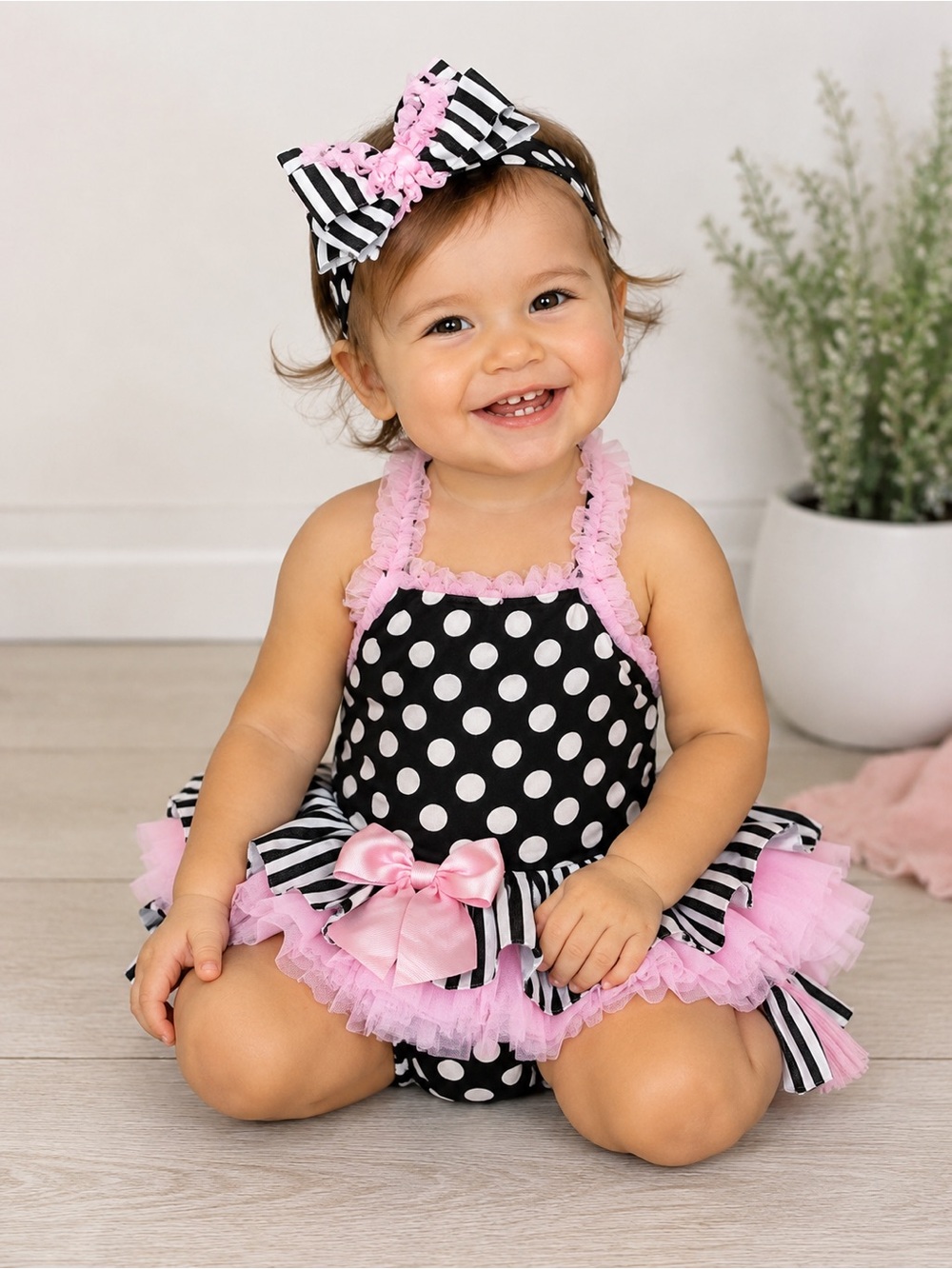 Mud Pie Black & Pink Polka Dot Baby Swimsuit with Ruffles